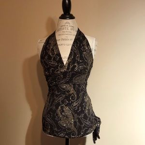Sparkling Halter Top, Side Tie, Black and Gold (size small)